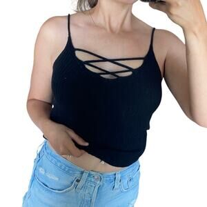 American Eagle XS Black Ribbed Lace Up Criss Cross Vneck Camisole Knit Tank Top